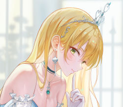 Rule 34 | 1girl, bad id, bad twitter id, bare shoulders, blonde hair, blurry, blurry background, blush, breasts, choker, collarbone, copyright request, detached sleeves, dress, earrings, from side, green eyes, hand up, heart, highres, index finger raised, jewelry, large breasts, necklace, smile, solo, strapless, strapless dress, tiara, tokkyu, white sleeves
