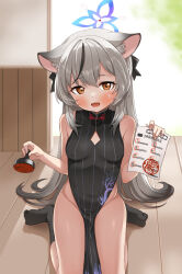 Rule 34 | 1girl, animal ears, bare arms, bare shoulders, black dress, black socks, blue archive, brown eyes, china dress, chinese clothes, cleavage cutout, clothing cutout, colored tips, dress, gradient hair, grey hair, halo, highres, holding, ink stamp, kokona (blue archive), long hair, looking at viewer, multicolored hair, no panties, open mouth, paper, pelvic curtain, seiza, sitting, sleeveless, sleeveless dress, smile, socks, solo, streaked hair, striped clothes, striped dress, thighs, very long hair, zaxwu