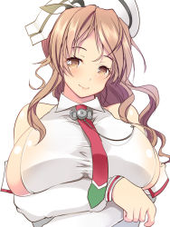 Rule 34 | 10s, 1girl, bare shoulders, blush, breast hold, breasts, brown eyes, brown hair, closed mouth, detached sleeves, hat, huge breasts, kadokawa shoten, kantai collection, large breasts, littorio (kancolle), long hair, long sleeves, looking at viewer, maki (seventh heaven maxion), necktie, puffy long sleeves, puffy sleeves, red necktie, shirt, sideboob, sleeveless, sleeveless shirt, smile, solo, taut clothes, taut shirt, upper body, wavy hair, white background