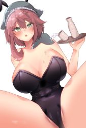 Rule 34 | 1girl, asymmetrical hair, black leotard, blue headwear, blush, breasts, cleavage, green eyes, highres, holding, holding tray, huge breasts, kawai yade, leotard, looking at viewer, medium hair, navel, okunoda miyoi, open mouth, pink hair, playboy bunny, pussy, simple background, solo, sweatdrop, tokkuri, touhou, tray, whale hat, white background
