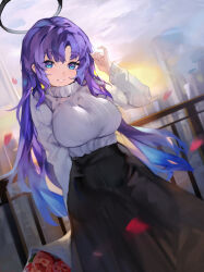 Rule 34 | 1girl, absurdres, black skirt, blue archive, blue eyes, blush, bouquet, breasts, commentary, english commentary, flower, grin, halo, highres, holding, holding bouquet, large breasts, long hair, long sleeves, looking at viewer, mechanical halo, outdoors, petals, purple hair, red flower, sakanafish, skirt, smile, solo, sweater, white sweater, yuuka (blue archive)