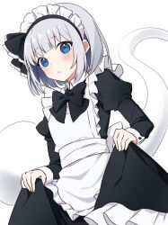 Rule 34 | 1girl, :&lt;, alternate costume, apron, black bow, black bowtie, black hairband, blue eyes, blush, bow, bowtie, closed mouth, clothes lift, commentary request, dress, ghost, grey hair, hairband, highres, juliet sleeves, konpaku youmu, konpaku youmu (ghost), lifting own clothes, long sleeves, looking at viewer, maid, maid headdress, puffy sleeves, short hair, simple background, solo, suzuno naru, touhou, white apron, white background