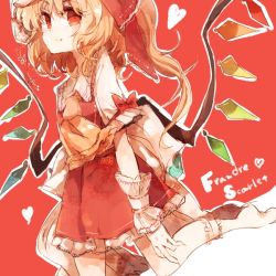 Rule 34 | 1girl, ascot, bad id, bad pixiv id, blonde hair, blush, character name, crystal, female focus, flandre scarlet, hat, hisona (suaritesumi), red background, red eyes, short hair, side ponytail, skirt, smile, solo, touhou, wings