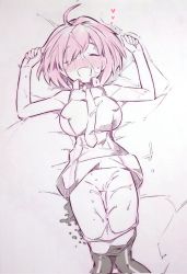 Rule 34 | 1girl, :d, ^ ^, aftersex, ahoge, breasts, closed eyes, clothes pull, corrupted twitter file, cum, cum in pussy, cum on body, cum on clothes, fate/grand order, fate (series), hair over one eye, happy, heart, highres, large breasts, lying, mash kyrielight, necktie, on back, open mouth, panties, panty pull, pantyhose, pantyhose pull, pink hair, shirt, short hair, sleeveless, sleeveless shirt, smile, solo, traditional media, tsukareta san, underwear