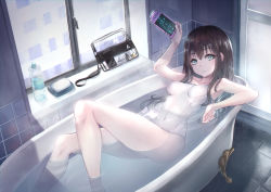 Rule 34 | 1girl, bathing, bathtub, breasts, breasts apart, brown hair, closed mouth, collarbone, covered navel, game console, grey eyes, hair between eyes, hakua mill, highres, holding, long hair, looking at viewer, one-piece swimsuit, original, school swimsuit, skin tight, small breasts, solo, straight hair, swimsuit, white one-piece swimsuit, white school swimsuit