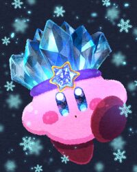 Rule 34 | :o, black background, blue eyes, blue gemstone, blush stickers, colored skin, commentary, copy ability, crystal, flower, gem, headband, highres, ice, ice kirby, jewelry, kirby, kirby (series), miclot, nintendo, no humans, parted lips, pink skin, purple headband, red flower, shoes, snowflakes, snowing, solo, symbol-only commentary