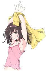 Rule 34 | 1girl, armpits, arms up, blush, breasts, brown eyes, brown hair, camisole, closed mouth, gloves, hairband, ixy, looking at viewer, medium breasts, monogatari (series), pink camisole, pink hairband, sengoku nadeko, short hair, simple background, smile, solo, white background, white gloves