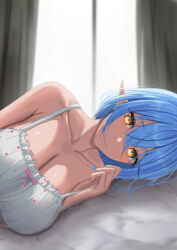 Rule 34 | 1girl, bare shoulders, bed sheet, blue hair, blush, breasts, camisole, cleavage, closed mouth, collarbone, elf, haro art, hololive, indoors, large breasts, long hair, looking at viewer, lying, on bed, on side, pointy ears, polka dot camisole, smile, solo, virtual youtuber, white camisole, window, yellow eyes, yukihana lamy, yukihana lamy (loungewear)