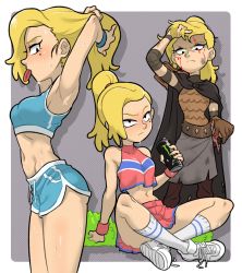 Rule 34 | 1girl, adjusting hair, amphibia, armor, armpits, bare arms, bare shoulders, blonde hair, blood, blush, border, breasts, brown gloves, cape, centinel303, cheerleader, closed mouth, convenient leg, cowboy shot, crop top, crop top overhang, dirty, disney, dolphin shorts, frown, glaring, gloves, indian style, injury, looking at viewer, midriff, miniskirt, mole, mole under eye, monster energy, mouth hold, multiple views, navel, outside border, pleated skirt, pom pom (cheerleading), ponytail, sasha waybright, shaded face, shirt, shoes, short hair, short shorts, shorts, simple background, single glove, sitting, skirt, sleeveless, sleeveless shirt, small breasts, sneakers, socks, sweat, tying hair, white border, white footwear, white socks