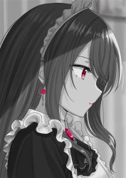 Rule 34 | 1girl, alternate costume, apron, ascot, blurry, blurry background, brooch, commentary request, earrings, enmaided, eyelashes, flower earrings, frills, from side, gundou mirei, jewelry, light smile, lipstick, long hair, maid, maid apron, maid headdress, makeup, mizunashi hayate, nijisanji, pink lips, portrait, profile, red eyes, shade, sidelocks, solo, spot color, virtual youtuber