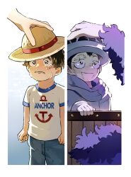 4boys aged_down anchor_symbol black_hair blue_shorts cha_(xtdk8zu) child clenched_hands commentary crying donquixote_rocinante english_commentary hat highres monkey_d._luffy multiple_boys one_piece out_of_frame scar scar_on_face shanks_(one_piece) shirt short_hair shorts smile straw_hat t-shirt tears trafalgar_law