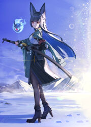 1girl 310setsu absurdres animal_ear_fluff black_footwear black_gloves black_hair black_skirt blunt_bangs boots closed_mouth dress_shirt fingerless_gloves full_body gloves green_jacket high-waist_skirt highres holding holding_sword holding_weapon hoshimi_miyabi jacket katana long_hair looking_at_viewer red_eyes shirt sidelocks signature single_fingerless_glove skirt snow solo standing sword weapon white_shirt zenless_zone_zero