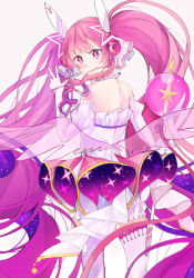 Rule 34 | 1girl, aisha landar, boots, curly hair, elbow gloves, ewrefd, gloves, hair ornament, highres, long hair, looking at viewer, looking back, magical girl, metamorphy (elsword), multicolored hair, pink hair, purple hair, simple background, smile, solo, thigh boots, thighhighs, white background, white footwear, white gloves