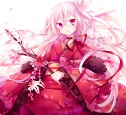 Rule 34 | 1girl, bell, neck bell, bow, branch, bug, butterfly, cherry blossoms, choker, collar, fang, feather boa, floral print, flower, ibara riato, bug, japanese clothes, kimono, long hair, obi, open mouth, original, petals, pink hair, purple eyes, ribbon choker, sash, smile, solo