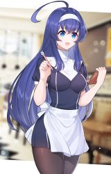 Rule 34 | 1girl, :d, absurdres, antenna hair, apron, artist name, blue eyes, blue hair, blurry, blurry background, breasts, cafe, commentary request, cowboy shot, crossed bangs, dark blue hair, hair between eyes, hand up, headband, highres, holding, holding notepad, holding pen, long hair, multicolored eyes, notepad, nun, open mouth, orie ballardiae harada, pantyhose, pen, sakotach, short sleeves, smile, solo, standing, taking order, under night in-birth, uniform, waitress, white headband