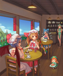 Rule 34 | 4girls, animal ears, ankle socks, backless outfit, bad id, bad pixiv id, bandana, bat wings, blonde hair, blue dress, blue hair, blue sky, book, bow, braid, breasts, cake, ceiling, chair, china dress, chinese clothes, cirno, closed eyes, cloud, counter, cup, day, dress, drink, female focus, fence, flandre scarlet, flower, food, groucho glasses, glass, glasses, hair bow, hand on own chin, hat, hat ribbon, head rest, hong meiling, lamp, landscape, light, light purple hair, long hair, mary janes, medium breasts, mini person, minigirl, mio-muo1206, mob cap, mountain, mouse ears, multiple girls, no socks, own hands together, paper, pen, pink dress, red dress, red eyes, red hair, remilia scarlet, restaurant, ribbon, saucer, shelf, shoes, short hair, short sleeves, side ponytail, sitting, sky, sleeveless, socks, spoon, star (symbol), table, teacup, teapot, touhou, twin braids, wings, wooden floor