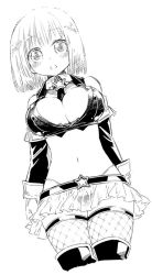 Rule 34 | 1girl, breasts, cleavage, fantasy earth zero, fbc, fishnet thighhighs, fishnets, gloves, greyscale, large breasts, miniskirt, monochrome, open clothes, open shirt, shirt, skirt, solo, thighhighs