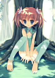 Rule 34 | 00s, 1girl, against tree, aqua thighhighs, barefoot, blue eyes, bottomless, brown hair, cleavage cutout, clothing cutout, feet, flat chest, flower, hair flower, hair ornament, nature, no panties, outdoors, pointy ears, simoun, sitting, solo, thighhighs, tree, twintails