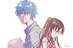 Rule 34 | 1boy, 1girl, absurdres, age switch, aged down, aged up, bare shoulders, blue eyes, blue hair, brown eyes, brown hair, closed mouth, collared shirt, dress, eyewear strap, fate/extra, fate/extra ccc, fate/grand order, fate (series), from side, glasses, hair between eyes, hair bun, hans christian andersen (adult) (fate), hans christian andersen (fate), highres, long hair, looking at viewer, looking to the side, multicolored hair, one side up, pink dress, pink hair, profile, sessyoin kiara, sessyoin kiara (lily), sessyoin kiara (swimsuit mooncancer), shirt, side bun, signature, simple background, single hair bun, single side bun, sleeveless, sleeveless dress, smile, sofra, strap slip, striped clothes, striped shirt, twitter username, two-tone hair, upper body, vertical-striped clothes, vertical-striped shirt, white background