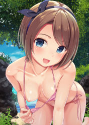 Rule 34 | 1girl, all fours, beach, bikini, bikini pull, black bow, blush, bow, breast pull, breasts, brown hair, bush, clothes pull, collarbone, day, hair bow, hairband, hand up, head tilt, highres, looking at viewer, medium breasts, n.g., nipples, open mouth, original, outdoors, pink bikini, pulled by self, short hair, side-tie bikini bottom, smile, solo, swimsuit, thighs