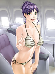 Rule 34 | 1girl, aircraft, airplane, airplane interior, bare shoulders, bikini, blush, breasts, chair, cleavage, earrings, flight attendant, green eyes, jewelry, large breasts, legs, looking at viewer, navel, nightmare express, open mouth, purple hair, short hair, solo, standing, sunlight, swimsuit, thighs, travel attendant, window