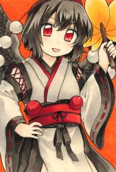 Rule 34 | 1girl, alternate costume, bird wings, black wings, commentary request, cowboy shot, detached sleeves, feathered wings, hand on own hip, hat, hauchiwa, highres, japanese clothes, kourindou tengu costume, maa (forsythia1729), marker (medium), obi, open mouth, orange background, pom pom (clothes), red eyes, red hat, red sash, ribbon-trimmed sleeves, ribbon trim, sash, shameimaru aya, short hair, simple background, solo, tengu, tokin hat, touhou, traditional media, wings