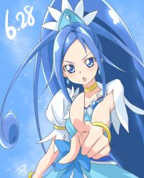 Rule 34 | 1girl, :o, blue background, blue bow, blue eyes, blue hair, blue skirt, blue theme, bow, brooch, chocokin, choker, cure diamond, dated, dokidoki! precure, earrings, foreshortening, heart, heart brooch, hishikawa rikka, jewelry, long hair, looking at viewer, magical girl, open mouth, pointing, ponytail, precure, signature, simple background, skirt, solo, upper body, yellow neckwear