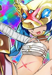 Rule 34 | 1girl, absurdres, blue eyes, blue hair, blush, child, digimon, fang, female focus, highres, minervamon, minervamon x-antibody, scar, snake, solo, sword, tongue, tongue out, weapon