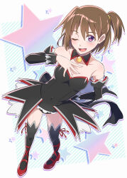 Rule 34 | akasaka miyuki, angel mort, arm behind back, bare shoulders, black leotard, black sleeves, blush, bow, breasts, brown hair, cleavage, collarbone, commission, covered navel, detached collar, detached sleeves, frills, from above, full body, hair between eyes, hand on own chest, high heels, highres, higurashi no naku koro ni, higurashi no naku koro ni mei, impossible clothes, kizuka uri, leotard, long bangs, looking at viewer, medium breasts, one eye closed, one side up, open mouth, purple eyes, red footwear, ribbon, short hair, showgirl skirt, skeb commission, smile, standing, star (symbol), strapless, strapless leotard, striped, striped background, thighhighs, waitress