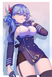 Rule 34 | 1girl, ako (blue archive), bell, black gloves, black hairband, black jacket, black skirt, black thighhighs, blue archive, blue eyes, blue hair, breasts, buttons, cowboy shot, danxing aipangzi, gloves, hair between eyes, hairband, highres, jacket, large breasts, long hair, long sleeves, neck bell, no halo, open mouth, sideboob, skirt, solo, thighhighs