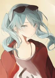 Rule 34 | 1girl, aqua eyes, aqua hair, cardigan, closed mouth, collarbone, earrings, eyewear on head, hatsune miku, jewelry, long hair, looking at viewer, lpip, off shoulder, open cardigan, open clothes, solo, suna no wakusei (vocaloid), sunglasses, twintails, upper body, vocaloid, wavy hair