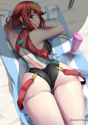 Rule 34 | 1girl, ahoge, ass, bare shoulders, blush, breast press, breasts, cameltoe, competition swimsuit, excaliblader, from above, from behind, highres, large breasts, looking at viewer, looking back, lying, on stomach, one-piece swimsuit, parted lips, pyra (xenoblade), red eyes, red hair, shiny clothes, shiny skin, short hair, sideboob, smile, solo, suspenders, swimsuit, tiara, xenoblade chronicles (series), xenoblade chronicles 2