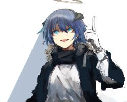 Rule 34 | 1girl, arknights, black jacket, blue eyes, blue hair, commentary request, demon horns, fur-trimmed hood, fur trim, halo, highres, hood, hood down, horns, index finger raised, jacket, long hair, long sleeves, looking at viewer, looking up, mokuro3m, mostima (arknights), open clothes, open jacket, open mouth, pointing, pointing up, shadow, shirt, smile, solo, upper body, white background, white shirt