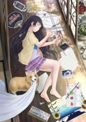 Rule 34 | 10s, 1girl, 2014, animal, barefoot, black hair, book, calbee (potato chips), canvas (object), chips (food), closed eyes, curtains, dog, eraser, flower, food, from above, from side, fruit, hand fan, handheld game console, highres, jacket, long hair, lying, on side, open book, original, paint, paintbrush, painting (object), palette (object), paper fan, parted lips, pen, photo (object), pillar, postcard, potato chips, purple skirt, sandals, unworn sandals, skirt, sleeping, slippers, solo, sunflower, taka (tsmix), teeth, uchiwa, watermelon, welsh corgi, wooden floor