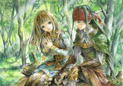 Rule 34 | 1boy, 1girl, acrylic paint (medium), alicia (valkyrie profile 2), blonde hair, blue eyes, boots, bridal gauntlets, forest, green hair, hair ornament, hairband, headband, jewelry, light rays, long hair, nature, painting (medium), ring, rufus, rufus (valkyrie profile), sitting, smile, sunbeam, sunlight, thigh boots, thighhighs, toyoda izumi, traditional media, tree, valkyrie profile (series), valkyrie profile 2: silmeria
