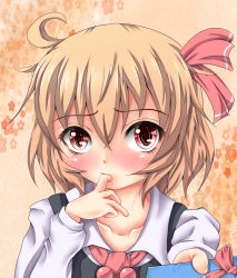 Rule 34 | 1girl, ahoge, bad id, bad pixiv id, blonde hair, blush, collarbone, embodiment of scarlet devil, female focus, finger in own mouth, gift, hair ribbon, heart, holding, holding gift, incoming gift, nekotama shun, red eyes, ribbon, rumia, solo, symbol-shaped pupils, touhou, upper body, valentine