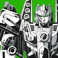 Rule 34 | aircraft, airplane, asymmetry, damaged, decepticon, green background, green eyes, green theme, jet, kamizono (spookyhouse), looking at viewer, machinery, mecha, monochrome, robot, simple background, skeleton, solo, starscream, transformers, transformers energon, upper body