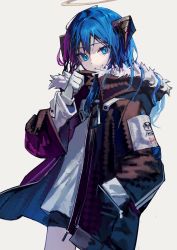 Rule 34 | 1girl, absurdres, arknights, black jacket, black shorts, blue eyes, blue hair, chest strap, cowboy shot, demon horns, fur-trimmed hood, fur trim, gloves, halo, hand in pocket, hand up, highres, hood, hood down, hooded jacket, horns, jacket, long hair, long sleeves, looking at viewer, mostima (arknights), no wings, open clothes, open jacket, shirt, short shorts, shorts, simple background, solo, white background, white gloves, white shirt, yoon cook