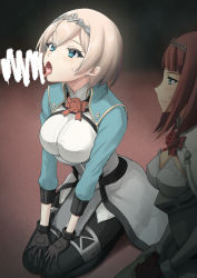 Rule 34 | 2girls, ark royal (kancolle), bar censor, black gloves, black legwear, blonde hair, blue eyes, blunt bangs, bob cut, breasts, censored, cropped jacket, dress shirt, faker ktd, flower, gloves, green jacket, hairband, inverted bob, jacket, kantai collection, medium breasts, military, military uniform, multiple girls, official alternate hair length, official alternate hairstyle, open mouth, pantyhose, penis, red flower, red hair, red rose, rose, seiza, shirt, short hair, sitting, skirt, tiara, tongue, tongue out, underskirt, uniform, victorious (kancolle), white shirt, white skirt