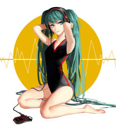 Rule 34 | 1girl, absurdres, arms up, g q, green eyes, green hair, hatsune miku, headphones, highres, long hair, looking at viewer, matching hair/eyes, one-piece swimsuit, sitting, solo, swimsuit, twintails, very long hair, vocaloid, white background, yokozuwari