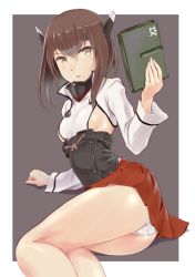 Rule 34 | 10s, 1girl, ass, blush, breasts, brown eyes, brown hair, flat chest, headband, headgear, highres, kantai collection, lying, on side, open mouth, panties, pantyshot, pleated skirt, short hair, sideboob, sitting, skirt, narrow waist, small breasts, solo, taihou (kancolle), thick thighs, thighhighs, thighs, underwear, upskirt, wa (genryusui), white panties, yellow eyes