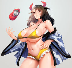 Rule 34 | 1girl, animal ears, bare shoulders, bikini, black hair, breasts, cleavage, collarbone, commentary request, covered erect nipples, cow ears, cow horns, cowboy shot, flying sweatdrops, grey background, grey hair, halterneck, haori, highres, horns, huge breasts, japanese clothes, long hair, long sleeves, looking at viewer, multicolored hair, navel, obaoba (monkeyix), off shoulder, red eyes, simple background, solo, split-color hair, standing, stomach, swimsuit, tears, thighs, touhou, two-tone hair, ushizaki urumi, wide sleeves, yellow bikini