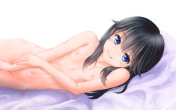 Rule 34 | 1girl, black hair, blue eyes, blush, bow, chakabo, covering privates, covering crotch, flat chest, hair between eyes, highres, long hair, looking at viewer, lying, navel, nipples, nude, on side, original, red bow, see-through, smile, solo, white background