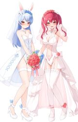 Rule 34 | 2girls, adapted costume, animal ears, ankle strap, bare shoulders, blue hair, blush, bouquet, breasts, bridal lingerie, bridal veil, bride, choker, cleavage, clothing cutout, comiket 103, commentary request, detached collar, dress, embarrassed, extra ears, female focus, fishnet thighhighs, fishnets, flower, full body, fur-trimmed skirt, fur trim, garter straps, gloves, groin, hair flower, hair ornament, halter leotard, halterneck, head wreath, heterochromia, high-waist skirt, high heels, highleg, highleg leotard, highres, holding, holding bouquet, hololive, houshou marine, large breasts, layered skirt, leotard, lingerie, long hair, long skirt, mary janes, multiple girls, navel, o-ring, o-ring choker, orange eyes, pumps, rabbit-shaped pupils, rabbit ears, rabbit girl, rabbit tail, red eyes, red hair, see-through gloves, shoes, showgirl skirt, sidelocks, simple background, skirt, small breasts, stomach cutout, strapless, strapless leotard, swept bangs, symbol-shaped pupils, tail, thick eyebrows, thighhighs, twintails, tyabesu, usada pekora, v arms, veil, virtual youtuber, wedding dress, white background, white footwear, white garter straps, white gloves, white leotard, white thighhighs, wife and wife, yellow eyes
