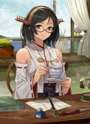 Rule 34 | 1girl, absurdres, black hair, book, breasts, card (medium), cloud, cup, curtains, day, desk, detached sleeves, envelope, flower, glasses, green-framed eyewear, highres, holding, holding cup, indoors, japanese clothes, kanmiya shinobu, kantai collection, kirishima (kancolle), kirishima kai ni (kancolle), knife, large breasts, looking at viewer, ocean, paper, pen, phone, plant, potted plant, purple flower, ribbed sweater, ribbon trim, short hair, sitting, sky, solo, sweater, teacup, white flower, window, yellow flower
