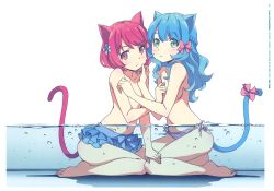 Rule 34 | 2girls, animal ears, aqua eyes, blue hair, bow, breasts, cat ears, cat tail, collarbone, hair bow, hair ornament, hair ribbon, highres, in water, kanzaki hiro, long hair, looking at viewer, miniskirt, multiple girls, original, panties, partially submerged, red eyes, ribbon, short hair, simple background, sitting, skirt, small breasts, striped clothes, striped panties, swimsuit, tail, tail bow, tail ornament, tail ribbon, topless, underwear