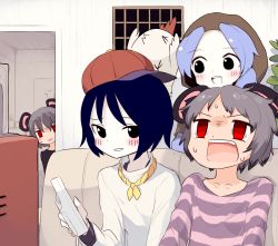 Rule 34 | 4girls, alternate costume, baseball cap, bird, black eyes, black shirt, blue hair, blue shirt, chicken, commentary request, controller, cookie (touhou), couch, flour (cookie), game controller, grey hair, hat, highres, hood, indoors, kofji (cookie), kumoi ichirin, light blue hair, looking at another, looking to the side, milk (cookie), miyako (naotsugu), multiple girls, murasa minamitsu, nazrin, nyon (cookie), open mouth, purple shirt, red eyes, red headwear, shirt, short hair, sitting, striped clothes, striped shirt, television, touhou, upper body, white shirt, wii remote, window