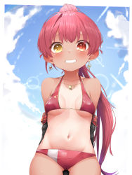 Rule 34 | 1girl, absurdres, aged down, bikini, blush, breasts, hair ribbon, heterochromia, highres, hololive, houshou marine, houshou marine (summer), large breasts, long hair, looking at viewer, navel, one-piece tan, open mouth, pepushi drow, ponytail, red eyes, red hair, ribbon, smile, solo, swimsuit, tan, tanline, virtual youtuber, yellow eyes