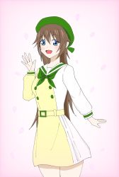 Rule 34 | 1girl, aqua eyes, artist name, artist request, asymmetrical sleeves, belt, belt buckle, beret, blue eyes, blush, bow, bowtie, breasts, brown hair, buckle, buttons, collarbone, collared shirt, dress, dress shirt, female focus, frilled skirt, frills, green hat, green neckwear, green ribbon, hair between eyes, hand wave, hat, hat ribbon, highres, long hair, long sleeves, looking at viewer, love live!, love live! nijigasaki high school idol club, love live! school idol festival, mirai harmony, mismatched sleeves, neckerchief, necktie, osaka shizuku, parted lips, petals, pink background, pink petals, ponytail, puffy long sleeves, puffy sleeves, ribbon, sailor collar, sailor dress, shirt, skirt, small breasts, smile, solo, striped clothes, striped skirt, vertical-striped clothes, vertical-striped skirt, white sailor collar, white shirt, white skirt, wing collar, yellow belt, yellow shirt, yellow skirt