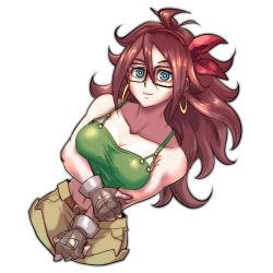 Rule 34 | 1girl, android 21, bare arms, bare shoulders, belt, belt buckle, black-framed eyewear, blouse, blue eyes, breasts, brown hair, buckle, cleavage, closed mouth, collarbone, commentary request, cosplay, crop top, cropped legs, curly hair, dragon ball, dragon ball (classic), dragon ball fighterz, dutch angle, earrings, female focus, fingerless gloves, glasses, gloves, green shirt, green tank top, hair between eyes, hairband, hoop earrings, jewelry, kemachiku, large breasts, long hair, looking at viewer, lowres, lunch (dragon ball), lunch (dragon ball) (cosplay), midriff, navel, neck, red hairband, shirt, short shorts, shorts, simple background, smile, solo, tank top, very long hair, white background, yellow shorts